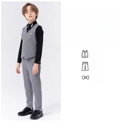 British Style Kids Piano Host Speech Performance Costume School Boys Vest Pants Bowtie 3Pieces Ceremony Clothing Set