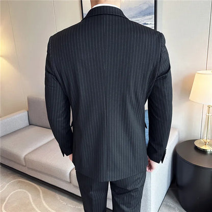 (Jacket + Vest + Pants)Three Piece Set Men Blazers Set stripe Suits Busines Casual Slim Fit Formal Dress Groom Tuxedo Wedding