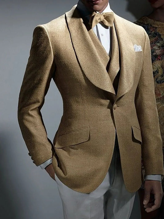 Men's Suit 3 Pieces Blazer Vest White Pants One Button Wide Lapel Brown Work Wear Wedding Groom Formal Tailored Costume Homme