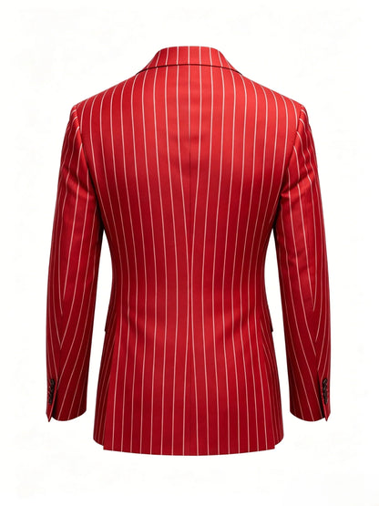 Men's Luxury Red Vertical Stripe Suit Jacket, Vintage Slim Fit Pinstripe Tuxedo Blazer, High-End Avant-Garde Formal Wedding Groo