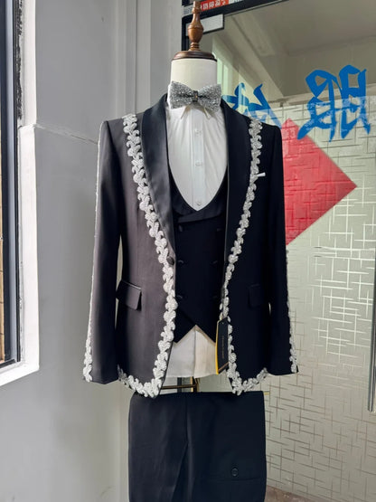 Handsome Premium Beaded Man Suits 3 Pieces Banquet Party Wear Black Shawl Lapel  Men's Suit Set For Wedding Birhday Prom S-3XL