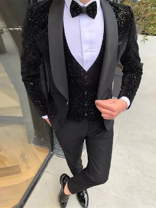 Black Men Suits 3 Pieces Shiny Blazer Vest Pants One Shoulder Sheer Lapel Sequins Tuxedo Wedding Formal Work Causal Customized