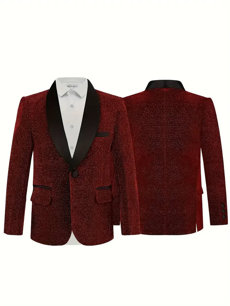 Kids Red Shining Jacket Pants Bowtie 3Pieces Suit Set 1-11Years Boys Formal Wedding Birthday Party Piano Performance Costume
