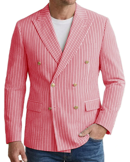 Vintage Men's Striped Double Breasted Blazer Casual Business Suit Jacket Lightweight Notched Lapel Sport Coat Wedding Party Wear