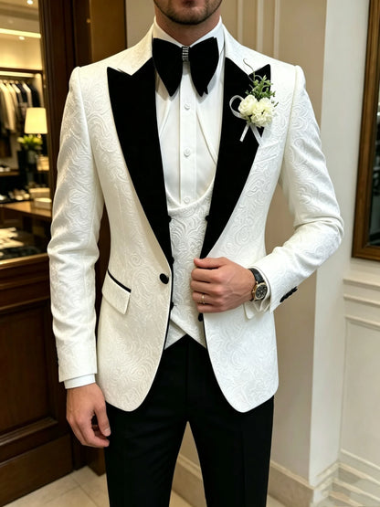 White Floral Pattern Groom Tuxedo for Wedding Dinner Slim Fit Men Suits with Black Velvet Lapel 3 Pieces Fashion Costume Outfits