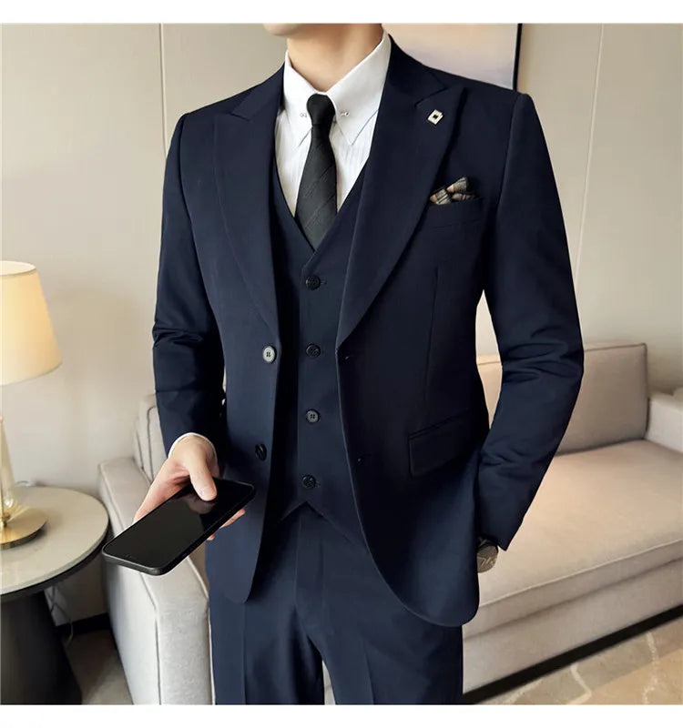 Men's 3 Piece Suit Set Double‑Button Solid Color Slim Fit Business Casual Wedding Banquet Party Jacket Vest Pants Formal Outfit