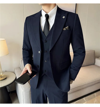 Men's 3 Piece Suit Set Double‑Button Solid Color Slim Fit Business Casual Wedding Banquet Party Jacket Vest Pants Formal Outfit