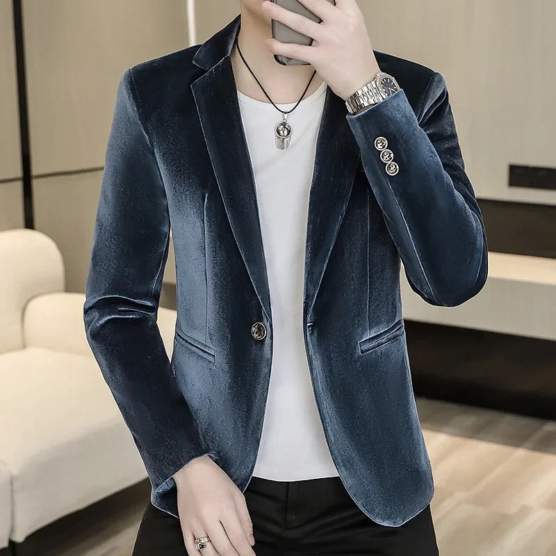 Blazer: An Outdoor Fashion Business Gentleman Wedding Host Slim-fit Casual Korean-style Youthful Men's Golden Velvet Blazer