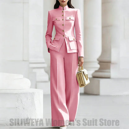 Women's Ivory Suit Mandarin Collar 2 Piece Military Style Gold Buttons Blazer Wide Leg Pants Wedding Party Prom Lady Suits