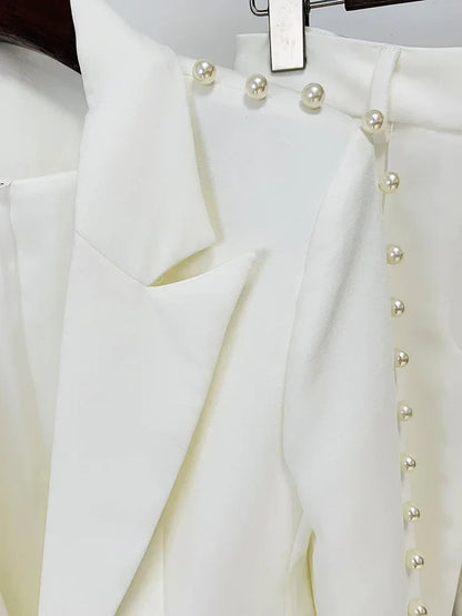 Fashion White Women Pants Sets Elegant Pearls Single Button Peak Lapel 2 Piece Chic Party Formal Solid Suits (Blazer+Pants)