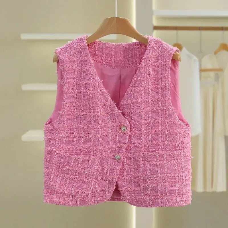 Women Small Fragrance Vest New Spring Autumn Tweed Vest Coat Sleeveless Short Jacket Female Casual Tops Waistcoat Chaleco Mujer