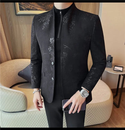 2025 Spring Trendy Jacquard Suit Jacket Men Stand Up Collar Casual Blazers Slim Wedding Business Streetwear Social Dress Coats