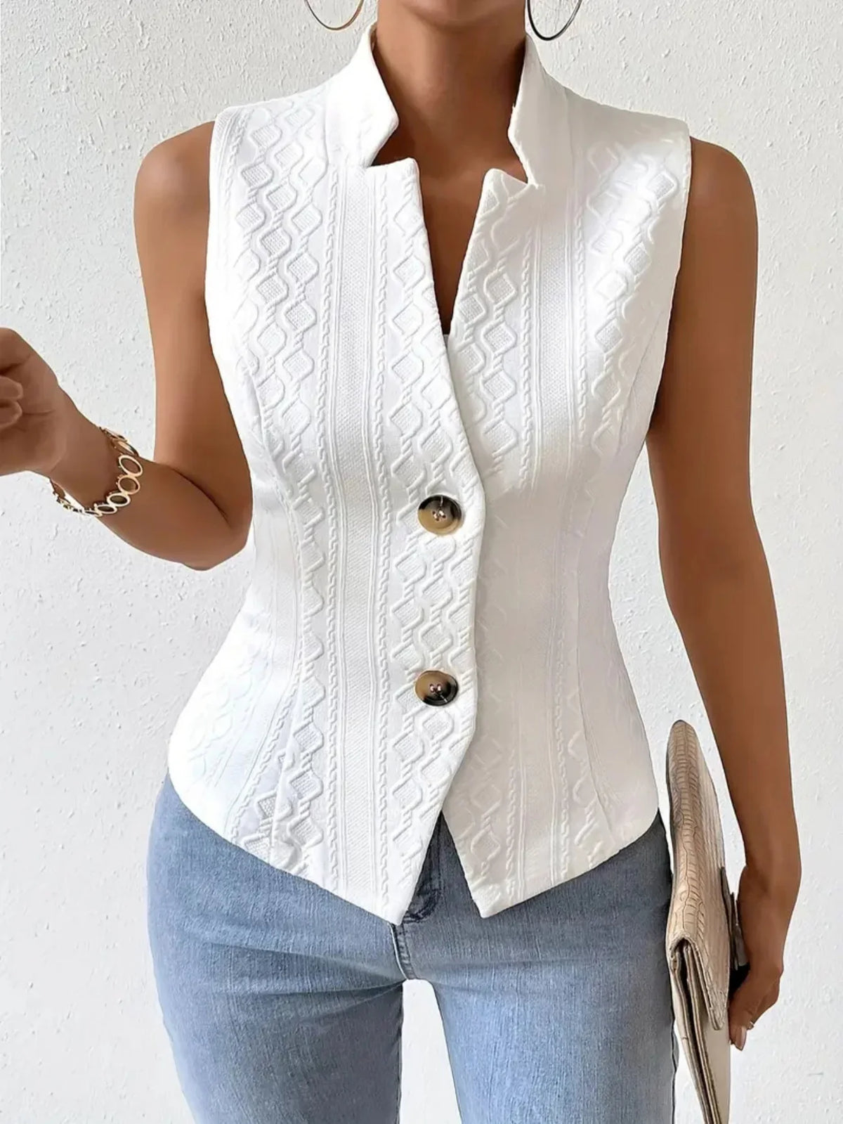 Women's Elegant V-Neck Sleeveless Blazer Vest Solid White Textured Button-Down Slim Fit Waistcoat Top