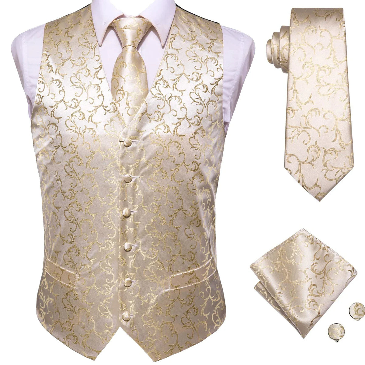 Men's Waistcoat Suit Set with Jacquard Floral Vest, Tie, Hanky & Cufflinks for Wedding and Business