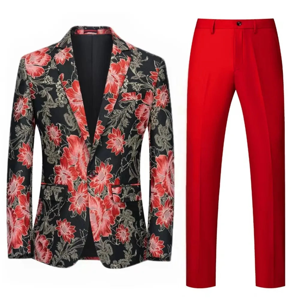 Men Suit 2 Pieces Orange Flower Pattern One Button Business Casual For  Wedding Birthday Party Set Jacket And Pants