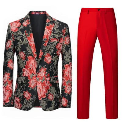 Men Suit 2 Pieces Orange Flower Pattern One Button Business Casual For  Wedding Birthday Party Set Jacket And Pants