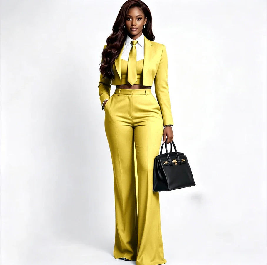 Sharp Women's Burgundy Suit Tailored Cropped Jacket+Wide Leg Pants 2 Piece Set Formal Evening Party Female Clothing
