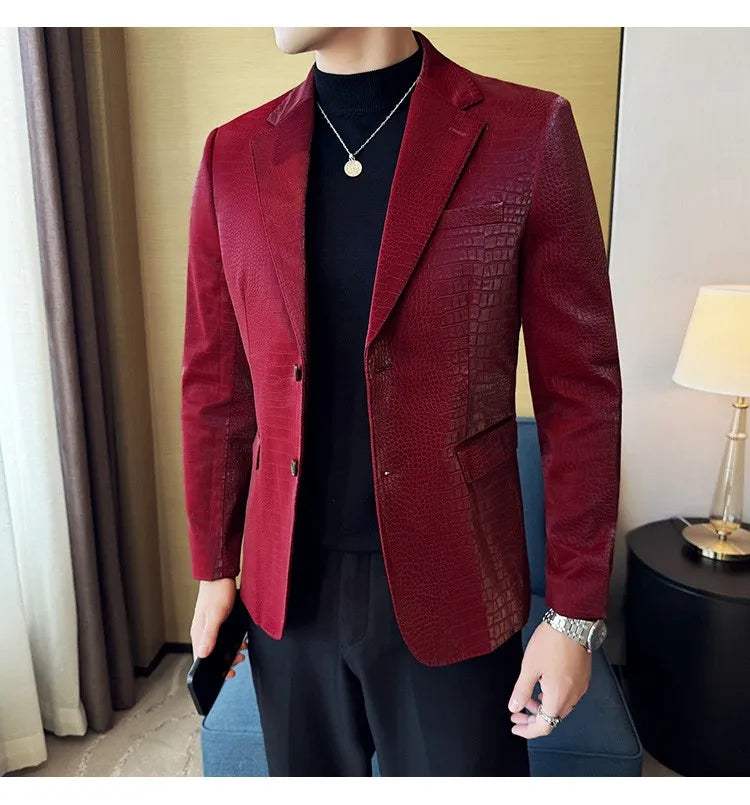2026 Crocodile Patterned Leather Suit Jacket Men Slim Fit Business Casual Leather Jacket Wedding Groom Party Work Men Blazers