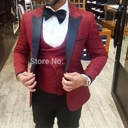 Burgundy Wedding Men Suits Slim Fit Tuxedo 3 Pieces Suit Groom Prom Jacquard Blazer Terno Masculino Suit