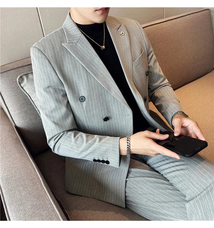 (Jacket + Vest + Pants)Three Piece Set Men Blazers Set stripe Suits Busines Casual Slim Fit Formal Dress Groom Tuxedo Wedding