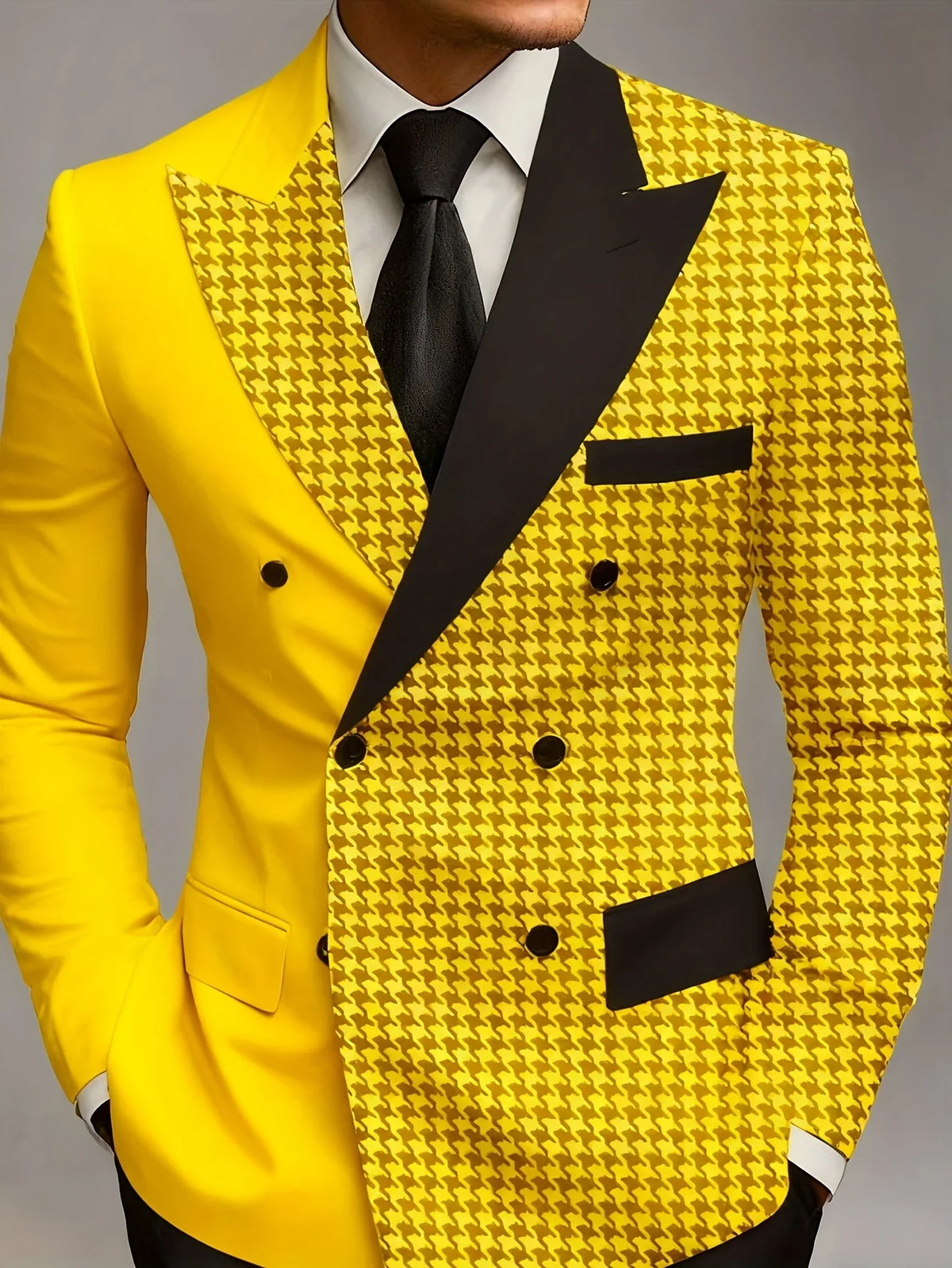 Men's Yellow Houndstooth Double Breasted Blazer Lapel Slim High Quality Formal Wedding Business Party Gentlemen Tuxedo Jacket