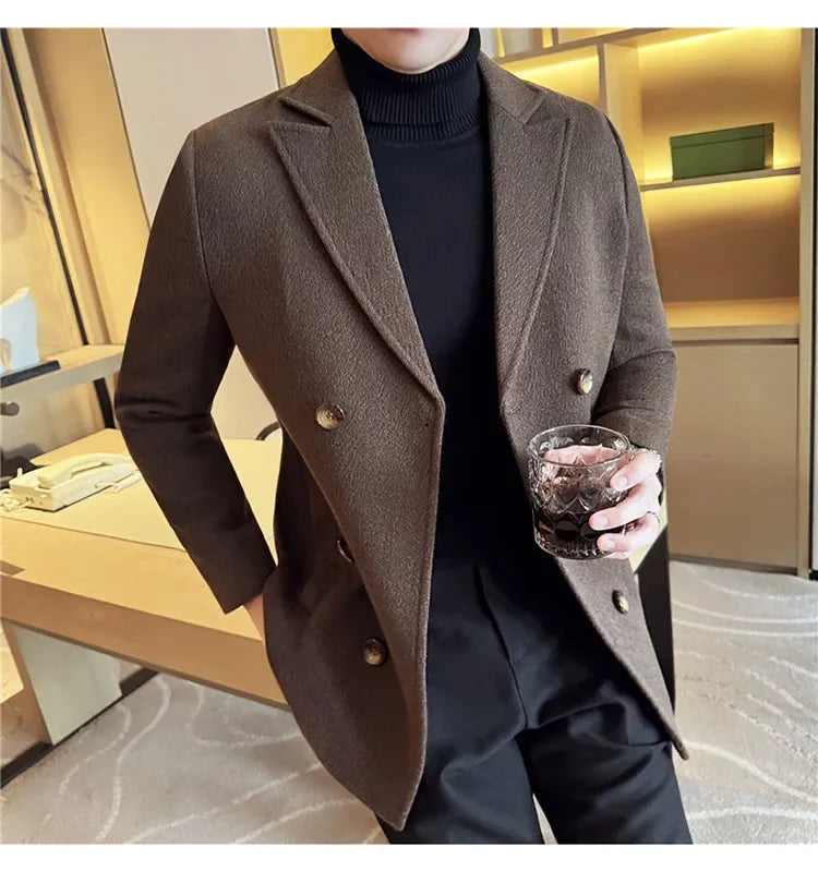 British Style Autumn Winter Thick Double Breasted Woolen Coats High Quality Men Business Casual Warm Suit Jackets Men Clothing