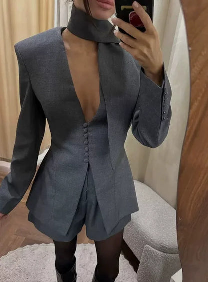 Women's Waist-Cinching Blazer, V-Neck Slim Fit, with Tie, High-End Office Jacket, Single-Button, Women's Formal Top, Commuter Blazer