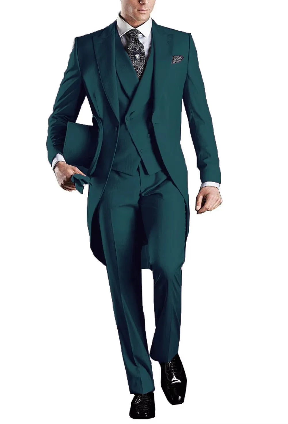Men's 3-Piece Solid Long Tailcoat Tuxedo Set Formal Wedding Groom Clothing Jacket Pants Vest for Prom Party Fashion Male Suits
