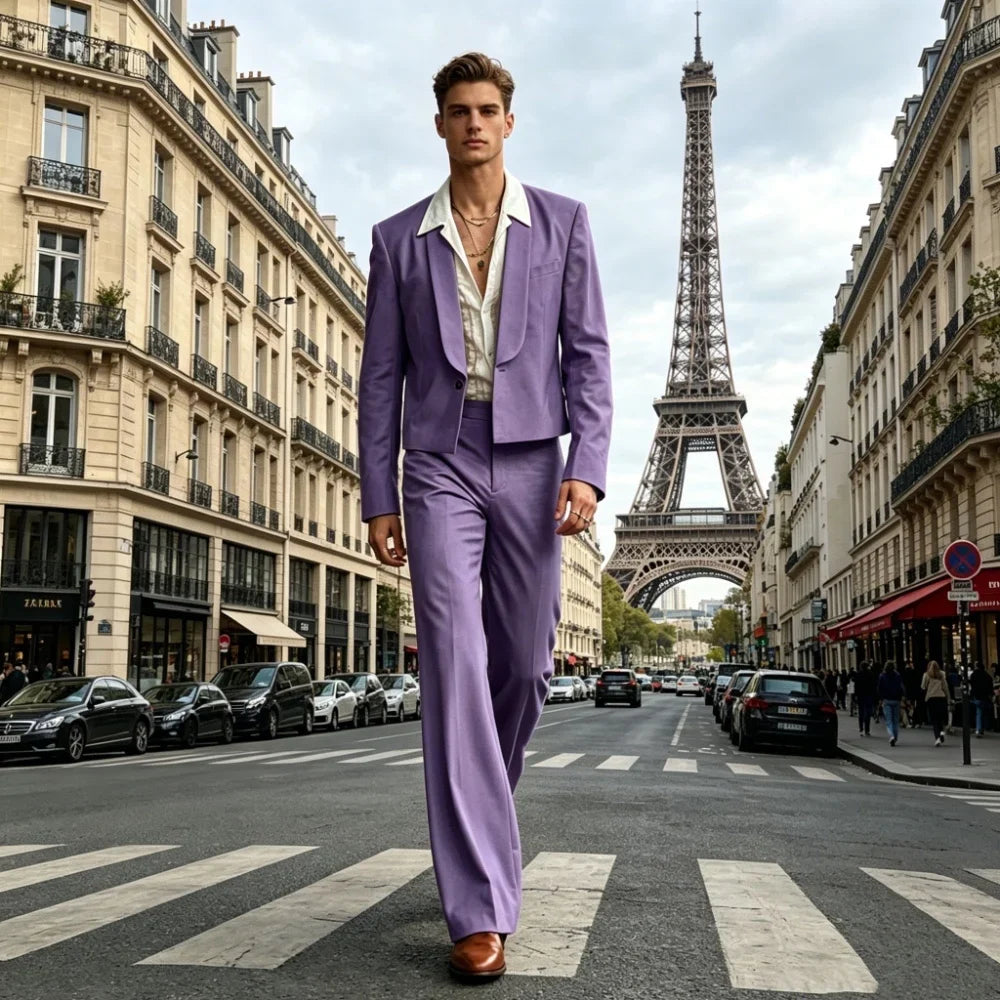 Men's 2-Piece Suit Set – Cropped Blazer & High Waist Flare Pants | Shawl Lapel Tuxedo for Formal & Party Occasions