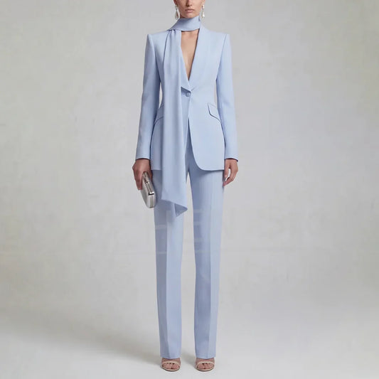 Women One Button Suit with Matching Scarf Blazer and Pants Formal Office Business Lady Evening Party Luxury Outfit 2 Piece