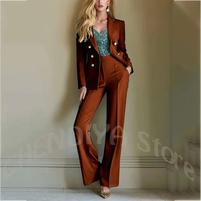 Solid Color Suit For Women High Quality Double Breasted Two Piece Notch Lapel Slim Fit Elegant Fashion Female Outfit Jacket Pant