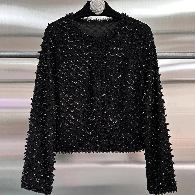 High Street Embroidered Flares Patchwork Mesh Jacket Long-sleeved O-Neck Slim-fit Pearl Jackets 2026 Women Coat 2026 New