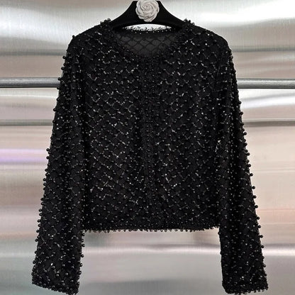 High Street Embroidered Flares Patchwork Mesh Jacket Long-sleeved O-Neck Slim-fit Pearl Jackets 2026 Women Coat 2026 New