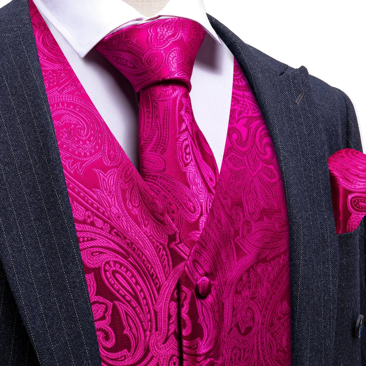 Men's Vest Set with Floral Tie Hanky and Cufflinks – Rose Pink Formal Waistcoat for Weddings and Banquets
