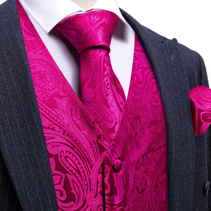 Men's Vest Set with Floral Tie Hanky and Cufflinks – Rose Pink Formal Waistcoat for Weddings and Banquets