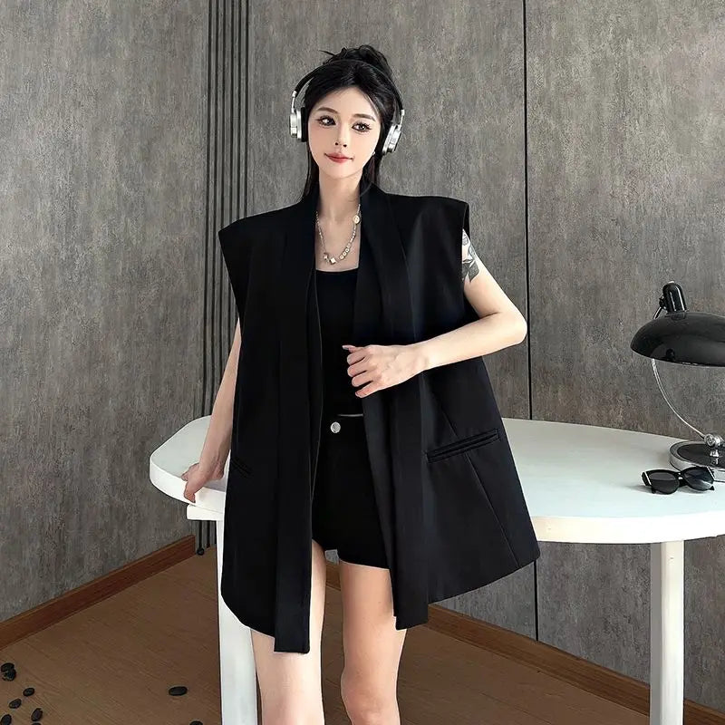 Women Black Blazer Vest Spring Autumn Casual Sleeveless Suits Jacket Female Korean All-Match Blazers Waistcoat Loose Outwear Top