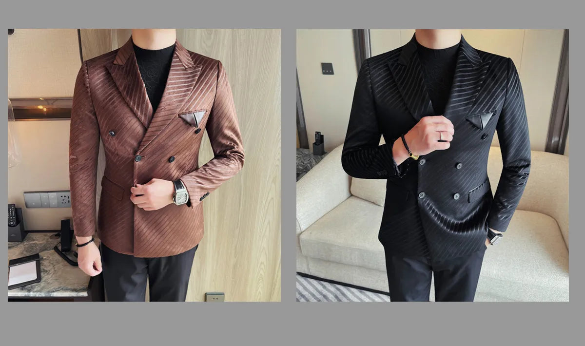 British Style Double Breasted Suit Jacket Men Striped Casual Business Blazers High Quality Wedding Social Banquet Dress Coats