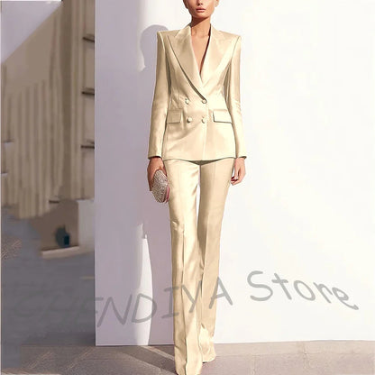 Luxury Satin Women Pants Suit Tailored Business Attire Dusty Rose 2 Piece Peak Lapel Straight Formal Outfit Daily Office Set