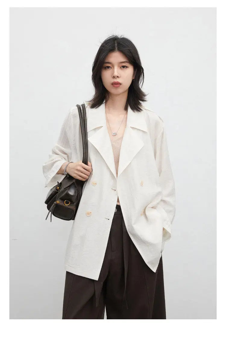 New Women Mid-length Trench Coats Loose Casual Oversized Double Breasted Office Ladies Blazer Jacket Spring Autumn