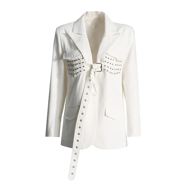 Women Blazer Stylish Elegant Design Rivets Lace-Up Patchwork Solid Color Trendy Niche Slim Fit Suit-Coat Autumn New HK28003
