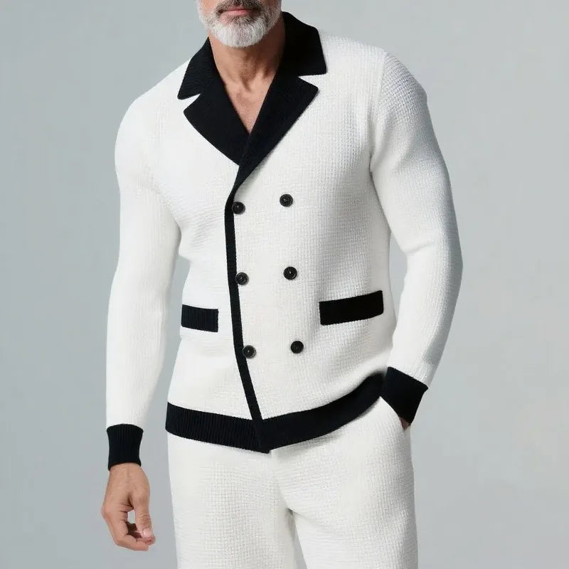 Men's White And Black Contrast Waffle Knit Notch Lapel Double Breasted Long Sleeve Shirt