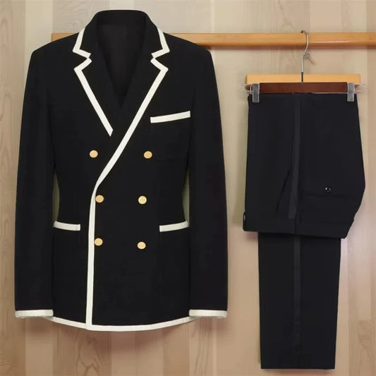 Men's Double Breasted Suit White Edge Notch Lapel Wedding Tuxedo 2-Piece Set