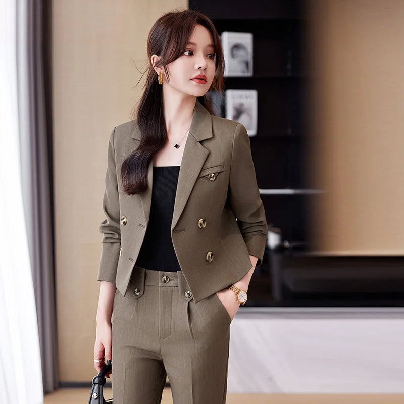 Blue Suit Women 2024 New Spring High End Fashion Temperament Professional Short Blazer And Pants Sets Office Ladies Work Wear