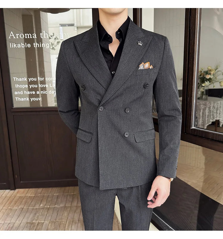 (Blazer + Trousers) Fashion Double Breasted Design Slim Men's Suit Italian Style Luxury Wedding Social Party Tuxedo 2 Piece Set