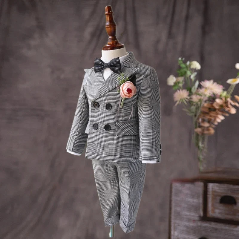 Flower Boys Gray Wedding Suit Set Kids Formal Birthday Photography Outfit Children's Piano Host Performance Costume