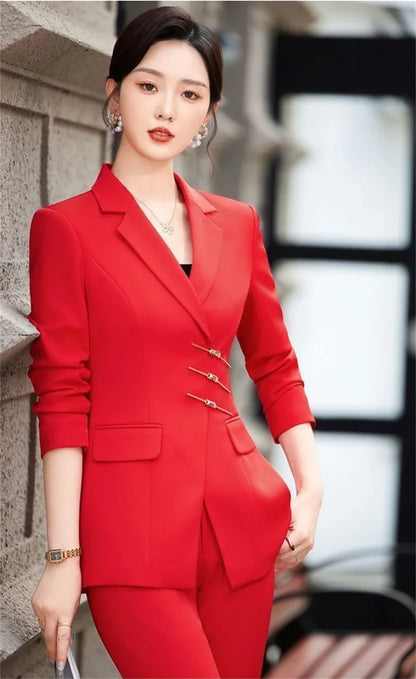 2025 Fashion White Red Black Blazer Jacket And Pant Suit Trousers Women Female Office Ladies Work Wear Formal 2 Piece Set