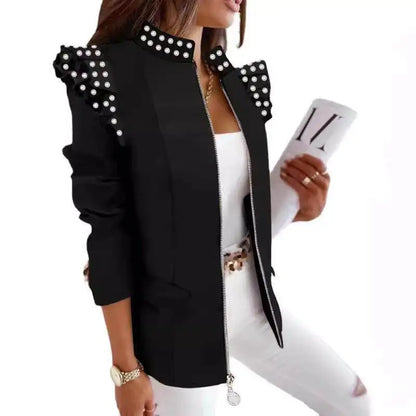 Autumn Winter Long Sleeve Print Blouse Women's Slim Fit Suit Jacket with Lace Hem Zipper Closure Fashionable Elegant Style