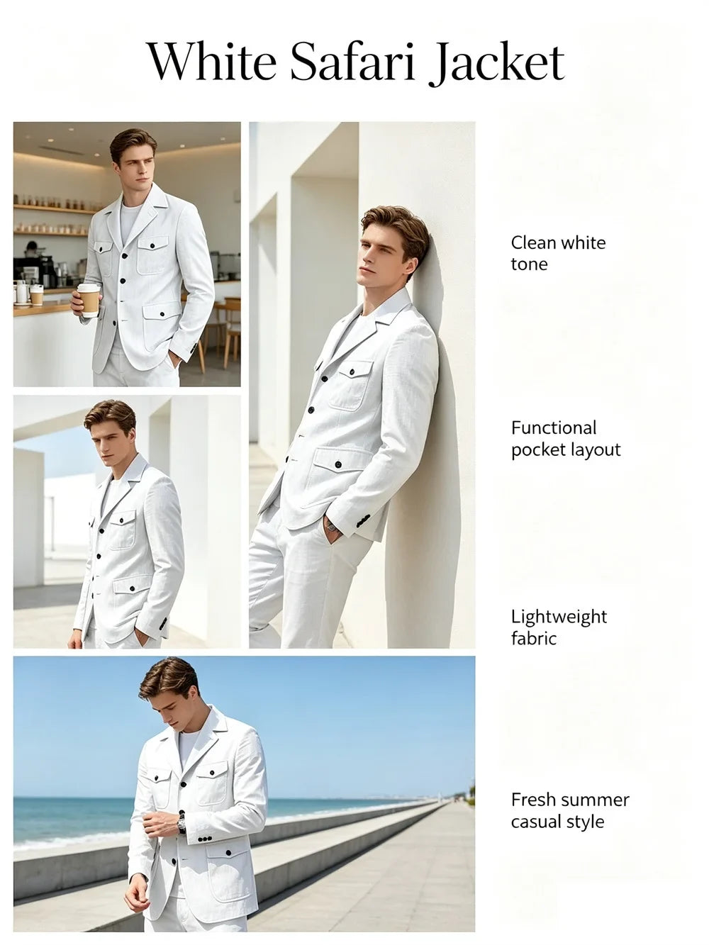Men's Linen Safari Blazer Four Flap Pockets Slim Soft Jacket Casual Business Coat For Street Outdoor Vacation Party Daily Travel