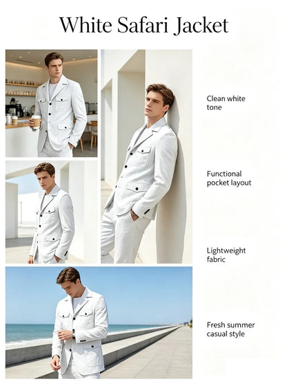 Men's Linen Safari Blazer Four Flap Pockets Slim Soft Jacket Casual Business Coat For Street Outdoor Vacation Party Daily Travel