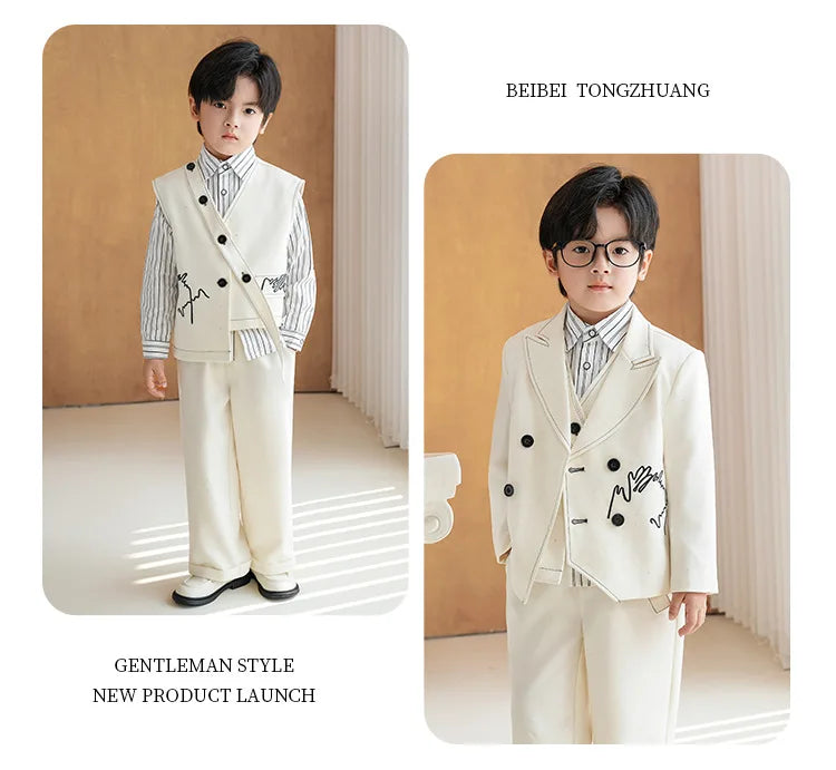 Boys Solid Double Breasted Blazer Jack Vest Pants Children Suit Waistcoat Wedding Clothes Sets Toddler Formal Dress Kids Tuxedos